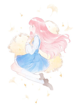 1girl absurdres blue_skirt bow bowtie brown_eyes brown_shoes closed_mouth club_(shape) collared_shirt commentary_request expressionless floating_hair frilled_skirt frills from_side full_body ginkgo_leaf high-waist_skirt highres kneehighs kneeling leaf light_blush loafers long_hair long_sidelocks long_sleeves looking_ahead miniskirt miqing nikki_(nikki) nikki_(series) nikki_up2u2:_world_traveller pink_hair pleated_skirt pointy_nose puffy_long_sleeves puffy_sleeves shirt shoes sidelocks skirt socks solo suspender_skirt suspenders tareme very_long_hair white_background white_shirt white_socks yellow_bow yellow_bowtie