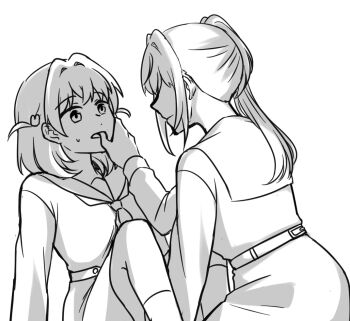 Rule 34 | 2girls, cerise bouquet, closed mouth, commentary request, dress, finger in another's mouth, grabbing another's face, greyscale, hair intakes, hair ornament, hasu no sora school uniform, head grab, hinoshita kaho, knees up, link! like! love live!, long hair, long sleeves, love live!, medium hair, monochrome, multiple girls, neckerchief, open mouth, otomune kozue, potatopenggu, rabbit hair ornament, sailor collar, sailor dress, school uniform, side ponytail, sidelocks, simple background, sitting, two side up, virtual youtuber, white background, winter uniform, yuri