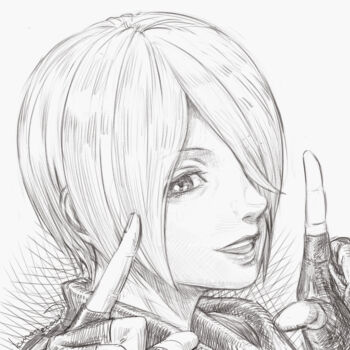 Rule 34 | 1girl, angel (kof), commentary request, crosshatching, fingerless gloves, gloves, greyscale, hair over one eye, hatching (texture), kuroneco, monochrome, short hair, signature, snk, solo, the king of fighters
