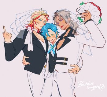 Rule 34 | 3boys, alternate costume, axel syrios, belt collar, black choker, black jacket, black nails, blonde hair, blue cross tie, blue eyes, blue hair, blush, bouquet, boy sandwich, bridal veil, brown hair, choker, collar, collared shirt, commentary, cowboy shot, crimzon ruze, cross tie, english commentary, english text, fang, flower, formal clothes, green eyes, highres, hiimtae sb, holding, holding bouquet, holostars, holostars english, husband and husband and husband, jacket, jewelry, long hair, male focus, medium hair, middle finger, multicolored hair, multiple boys, nail polish, neck ribbon, pants, plunging neckline, pointy ears, ponytail, purple eyes, red hair, red streaks, regis altare, ribbon, ring, sandwiched, see-through clothes, see-through veil, shirt, short hair, streaked hair, suit, two-tone hair, v-neck, veil, virtual youtuber, wedding ring, white pants, white ribbon, white shirt, white suit, yaoi