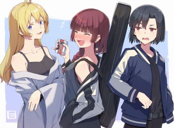 3girls 3s_(tarariko) ahoge alcohol alcohol_carton black_hair blonde_hair blue_eyes blush bocchi_the_rock! braid breasts camisole closed_eyes commentary_request dress guitar_case highres hiroi_kikuri instrument_case iwashita_shima jacket long_hair looking_at_another looking_at_viewer multiple_girls off_shoulder open_clothes open_jacket open_mouth red_eyes shimizu_eliza short_hair sick_hack small_breasts smile