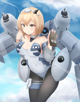 1girl aircraft airplane airplane_wing b-29_superfortress b-29_superfortress_(daebom) blonde_hair frilled_thigh_strap brown_eyes daebom grey_shirt highleg highleg_leotard highres leotard mecha_musume military military_vehicle original pantyhose personification rigging shirt short_hair solo thigh_strap
