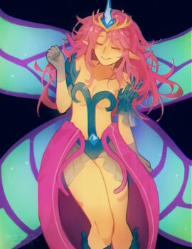 Rule 34 | 1girl, absurdres, artist name, breasts, butterfly wings, closed eyes, clothing request, colored skin, commentary, cowboy shot, dated, empress of light, english commentary, gloves, gold tiara, grey gloves, hand up, highres, insect wings, liatudes, long hair, medium breasts, pink hair, pointy ears, smile, solo, terraria, tiara, wings, yellow skin