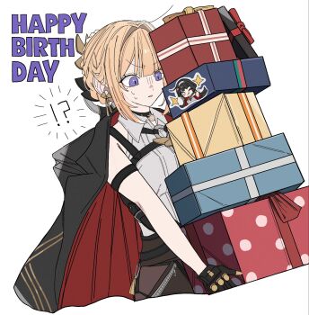 ! 1girl ? arm_strap astra_yao bare_shoulders birthday black_coat black_gloves black_pants blonde_hair box brown_pants chest_harness coat coat_on_shoulders collar commentary_request earrings evelyn_chevalier gift gift_box gloves hair_up happy_birthday harness high-waist_pants highres holding holding_box holding_gift jewelry latex_pants long_ribbon looking_at_object necktie niupum open_mouth pants purple_eyes ring_hair_ornament shirt simple_background solo sticker sweat sweatdrop tight_clothes tight_pants white_background white_shirt yellow_necktie zenless_zone_zero zipper