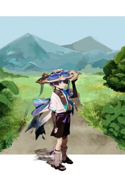 1boy arm_at_side armor belt black_belt black_bodysuit black_bow black_bridal_gauntlets black_eyes black_hair black_leggings black_sandals black_shorts blue_cape blue_gemstone blue_hat blue_kimono blue_sleeves blunt_ends bodysuit border bow bridal_gauntlets bush cape clenched_hand covered_collarbone feathers full_body furisode gem genshin_impact gold grass hair_over_one_eye hakama hakama_shorts hand_up hat highres japanese_armor japanese_clothes jingasa juban kimono kote kurokote layered_sleeves leg_warmers leggings letterboxed male_focus mandarin_collar marmochi mountain open_clothes open_kimono outdoors path plant pleated_shorts pom_pom_(clothes) purple_rope purple_sash road rope sandals sanpaku sash scaramouche_(genshin_impact) short_sleeves shorts shoulder_peek solo standing tassel toenails toes vision_(genshin_impact) wanderer_(genshin_impact) white_border white_kimono white_leg_warmers white_sleeves white_trim yellow_feathers zouri