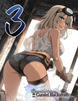 1girl artist_request ass belt belt_pouch breasts brick_wall brown_gloves building commentary copyright_name countdown_illustration english_commentary eyebrows_hidden_by_hair feet_out_of_frame gloves green_eyes grey_hair hair_between_eyes highres holding large_breasts light_blush long_hair looking_back low_ponytail messy_hair official_art open_mouth ponytail pouch promotional_art puff_of_air shanoa_(the_shimmering_horizon_and_cursed_blacksmith) short_shorts shorts shoulder_blades smile solo sweat tan tank_top the_shimmering_horizon_and_cursed_blacksmith thigh_strap white_tank_top