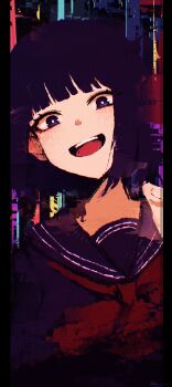 1girl absurdres anna_graem black_hair black_sailor_collar black_shirt bow bowtie commentary english_commentary highres looking_at_viewer open_mouth pillarboxed purple_eyes red_bow red_bowtie rnna sailor_collar school_uniform serafuku shirt short_hair solo teeth upper_body upper_teeth_only va-11_hall-a