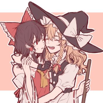 2girls ascot black_gloves black_hat black_vest blonde_hair bow braid brown_hair closed_eyes commentary_request detached_sleeves facing_another fingerless_gloves frilled_bow frilled_hair_tubes frills gloves hair_bow hair_tubes hakurei_reimu hat hat_bow hitte5416 kirisame_marisa long_hair looking_at_another multiple_girls one_eye_closed open_mouth outline red_bow red_eyes ribbon-trimmed_sleeves ribbon_trim side_braid single_braid smile sweatdrop teeth touhou upper_teeth_only vest white_bow white_outline witch_hat yellow_ascot yuri