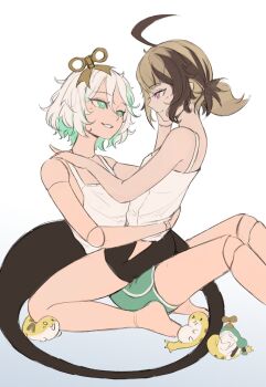 Rule 34 | 2girls, ahoge, brown hair, cecilia immergreen, colored inner hair, doll joints, finanut, gigi murin, green eyes, green hair, grem (gigi murin), grey hair, highres, hololive, hololive english, joints, meme, multicolored hair, multiple girls, otomo (cecilia immergreen), pink eyes, short hair, shorts, straddling, streaked hair, tail, twintails, two-tone hair, virtual youtuber, winding key, yoshi and toad kissing (meme), yuri