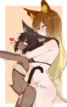 1futa 1girl absurdres ahegao animal_ear_fluff animal_ears arms_around_neck behind_another bikini bikini_top_only biting biting_ear black_bikini blue_eyes blush breasts brown_eyes brown_hair cat_tail commission cowboy_shot dark-skinned_female dark_skin english_text fang futa_with_female futanari height_difference highres implied_futanari interracial large_breasts long_hair motion_lines navel nose_blush open_mouth original plap scar scar_across_eye scar_on_face sex sex_from_behind short_hair size_difference small_breasts stomach_bulge strapless swimsuit tail tongue tongue_out trembling tube_top zerhin