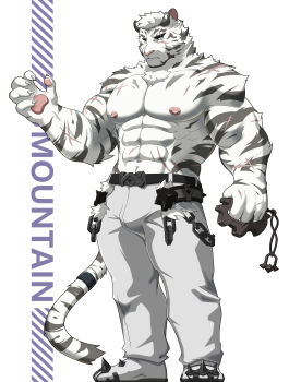1boy abs absurdres animal_ears arknights bara bulge furry furry_male hazama_jin highres large_pectorals looking_at_viewer male_focus mountain_(arknights) muscular muscular_male navel nipples pants pectorals scar scar_across_eye scar_on_arm scar_on_face short_hair solo standing strongman_waist thick_eyebrows tiger_boy tiger_ears topless_male white_fur white_hair