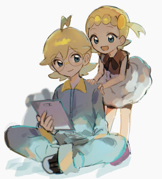 1boy 1girl :d ahoge black_shoes blonde_hair blue_eyes bonnie_(pokemon) brother_and_sister brown_shirt clemont_(pokemon) closed_mouth commentary glasses hand_on_another's_shoulder highres holding jumpsuit nintendo open_mouth piyo_(gvky2888) pokemon pokemon_xy round_eyewear shirt shoes short_hair siblings sitting skirt smile standing white_skirt