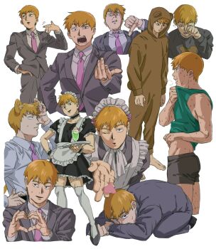 1boy alternate_costume animal_ears apron arm_up barefoot black_male_underwear black_shirt black_shoes blonde_hair breath closed_mouth clothes_lift collar collared_shirt commentary_request cosplay crew_neck cropped_legs cropped_torso crossdressing crossdressing_(mtf) dress enmaided food formal_clothes frilled_apron frilled_collar frilled_dress frills green_tank_top grey_jacket grey_pants grey_suit heart heart_hands highres holding holding_plate hurtkoyubi ice_cream ice_cream_float jacket kemonomimi_mode kigurumi kneehighs lapels layered_sleeves lifting_own_clothes looking_down looking_to_the_side maid maid_apron maid_headdress male_focus male_underwear midriff mob_psycho_100 multiple_views necktie notched_lapels one_eye_closed open_mouth pants pink_necktie plate reigen_arataka rubbing_eyes shirt shirt_lift shoes smile socks squeans standing suit suit_jacket sweat tank_top teeth thumbs_down underwear very_sweaty white_apron white_background white_shirt wing_collar