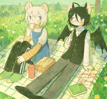 Rule 34 | 1boy, 1girl, animal ears, black hair, black pants, black vest, black wings, blue dress, commentary request, commission, day, dress, flower, food, glasses, grey pants, highres, holding, holding flower, holding food, layered sleeves, long sleeves, looking at another, mamei mema, mouse ears, original, outdoors, pants, picnic, picnic blanket, sandwich, short hair, short over long sleeves, short sleeves, sitting, skeb commission, track pants, vest, white hair, wings