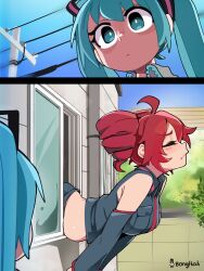 2girls absurdres artist_name bare_shoulders belly black_shirt blue_eyes blue_hair bongfill breasts closed_eyes commentary_request drill_hair from_side hatsune_miku highres implied_sex kasane_teto long_hair medium_breasts multiple_girls outdoors profile red_hair shirt sleeveless sleeveless_shirt stuck twin_drills twintails vocaloid window