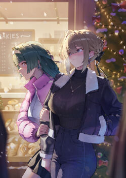 2girls absurdres alternate_costume arm_hug astra_yao bakery black_bra black_hair black_jacket black_skirt black_sweater blonde_hair blue_pants blurry blurry_foreground blush bra breasts christmas_tree closed_mouth commentary cowboy_shot earrings english_commentary evelyn_chevalier food from_side fur-trimmed_jacket fur_trim hair_between_eyes hair_intakes hairband hand_in_pocket highres jacket jewelry large_breasts long_hair long_ribbon looking_at_another multiple_girls necklace open_clothes outdoors pants pastry pink_jacket purple_eyes red_eyes reflection ribbed_sweater ring_hair_ornament see-through_clothes shelf shop skirt smile snowing sweat sweater sweater_tucked_in turtleneck turtleneck_sweater underwear white_hairband woottak09 yuri zenless_zone_zero