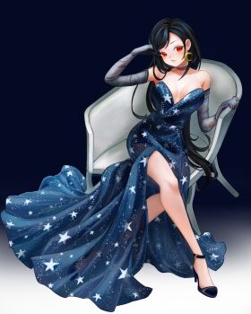 1girl absurdres alternate_costume bare_shoulders black_footwear black_hair blue_dress breasts chair choker cleavage closed_mouth commentary crescent crescent_earrings crescent_moon dress earrings elbow_gloves english_commentary final_fantasy final_fantasy_vii final_fantasy_vii_remake full_body gloves gold_earrings gradient_background high_heels highres jewelry large_breasts legs light_blush lips long_dress long_hair looking_at_viewer moon on_chair red_eyes side_slit single_earring sitting sleeveless sleeveless_dress slit solo star_(symbol) star_print strapless strapless_dress swept_bangs tifa_lockhart user_rktx5324