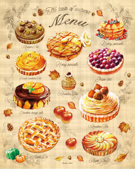 acorn apple_pie apple_tart cake commentary food food_focus fruit grapes highres honey leaf mont_blanc_(food) no_humans original pancake pie pinecone pumpkin saku_sakuraba16 symbol-only_commentary tart_(food)