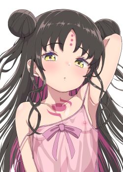 1girl babydoll bare_shoulders black_hair breasts chest_tattoo covered_erect_nipples double_bun dress_swimsuit facial_mark fate/grand_order fate_(series) forehead_mark full_body hair_bun highres loli long_hair multicolored_hair parted_bangs pink_babydoll pink_hair sessyoin_kiara sessyoin_kiara_(lily) small_breasts solo streaked_hair sushi_no_ikari tattoo very_long_hair wavy_hair white_background yellow_eyes