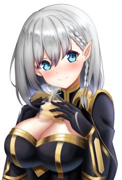 1girl beta_(kagejitsu) blue_eyes blush breasts cookie food holding holding_cookie holding_food kage_no_jitsuryokusha_ni_naritakute! large_breasts looking_at_viewer nagisilon short_hair simple_background smile solo white_background white_hair