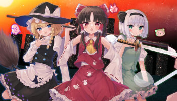 Rule 34 | 3girls, absurdres, animal print, apron, ascot, black hairband, black hat, black skirt, black vest, blonde hair, blush, bow, braid, broom, broom riding, brown hair, cat print, closed mouth, collared shirt, commentary request, detached sleeves, dual wielding, eagle spirit (touhou), frilled bow, frilled hair tubes, frilled skirt, frills, ghost, gohei, green eyes, green skirt, green vest, grey hair, hair bow, hair tubes, hairband, hakurei reimu, hat, hat bow, highres, hitodama, hitodama print, holding, holding gohei, holding sword, holding weapon, katana, kirisame marisa, konpaku youmu, konpaku youmu (ghost), long hair, looking at viewer, medium hair, multiple girls, open mouth, otter spirit (touhou), paw print, paw print pattern, print apron, puffy short sleeves, puffy sleeves, red bow, red eyes, red skirt, ribbon-trimmed sleeves, ribbon trim, shirt, short sleeves, side braid, single braid, skirt, skirt set, smile, sword, touhou, user fdxm5282, vest, waist apron, weapon, white bow, white shirt, wily beast and weakest creature, witch hat, wolf spirit (touhou), yellow ascot