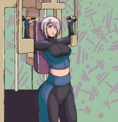 1girl angel_(kof) animated blue_eyes breast_expansion breasts breasts_out exercising female_focus giant gigantic_breasts gloves gym gym_uniform heavy_breathing huge_breasts large_breasts leggings miyatakun nipples open_clothes open_mouth pale_skin pants short_hair solo sound sportswear standing tagme the_king_of_fighters thick_thighs thighs tongue tongue_out undressing video white_hair wide_hips