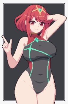 1girl arm_behind_head armpits black_one-piece_swimsuit breasts circlet closed_mouth commentary competition_swimsuit core_crystal_(xenoblade) covered_navel english_commentary grey_background highres large_breasts looking_at_viewer medium_hair one-piece_swimsuit pixel_art pyra_(pro_swimmer)_(xenoblade) pyra_(xenoblade) seiko093 smile solo swept_bangs swimsuit xenoblade_chronicles_(series) xenoblade_chronicles_2