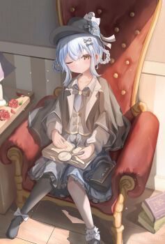 1girl absurdres armchair artist_name black_bag black_capelet black_hat black_pantyhose black_shoes blue_hair blue_skirt book braid braided_hair_rings capelet chair closed_mouth deerstalker flower full_body grey_vest hair_rings hat highres indoors light_particles long_sleeves looking_at_viewer magnifying_glass mahou_shoujo_no_majo_saiban maplezero one_eye_closed open_book pantyhose pleated_skirt red_flower red_rose rose shirt shoes short_hair single_leg_pantyhose sitting skirt solo tachibana_sherry vest white_shirt yellow_eyes