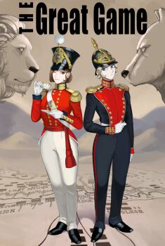 2girls aiguillette badge bear bird biting_own_lip black_boots black_jacket black_pants blonde_hair blue_eyes blue_wrist_cuffs boots breasts brown_hair buttons combat_helmet crown cup double-breasted double-headed_eagle eagle embroidery english_text expressionless full_body gloves gold_trim hand_on_belt hat helmet high_collar highres hill holding holding_cup holding_saucer imperial_russian_army jacket katyusha_(98269886) lion looking_at_another map medium_breasts military military_uniform multiple_girls one_eye_closed original pants pickelhaube red_jacket red_sash russia russian_empire sash saucer shako_cap short_hair shoulder_belt sidelocks small_breasts soldier standing statue symbolism tassel tea teacup united_kingdom waist_sash wavy_hair white_gloves white_pants white_sash wrist_cuffs