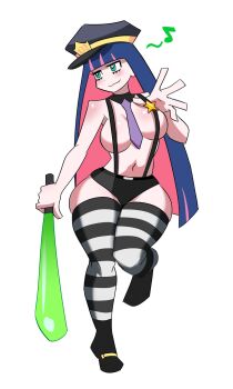 1girl bare_shoulders bat_(animal) black_shorts blue_hair breasts closed_mouth full_body green_eyes hat highres large_breasts long_hair multicolored_hair panty_&amp;_stocking_with_garterbelt pink_hair police_hat shiny_skin shorts simple_background smile solo standing standing_on_one_leg stocking_(psg) striped_clothes striped_thighhighs suspenders thighhighs two-tone_hair white_background ytrall