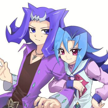 black_shirt blue_hair brother_and_sister closed_mouth hair_between_eyes highres jacket jewelry kamishiro_rio kamishiro_ryouga locked_arms long_hair long_sleeves looking_at_viewer open_clothes open_jacket purple_eyes purple_hair purple_jacket putdr4e ring shirt short_hair siblings smile sweatdrop upper_body white_background yu-gi-oh! yu-gi-oh!_zexal