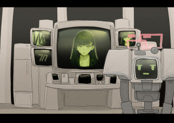 1girl blue_archive commentary_request crt fallout fallout:_new_vegas fuka_(kantoku) halo highres indoors letterboxed long_hair looking_at_viewer parody pink_halo rio_(blue_archive) robot screen securitron_(fallout) solo upper_body