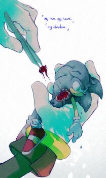 2boys absurdres animal_ears animal_nose artist_name blood blue_fur blue_hair body_fur bone constricted_pupils crying dated death ears_down english_text furry furry_male gloves gradient_background green_eyes guro heart_(organ) highres holding holding_tweezers in_palm injury long_hair male_focus mini_person miniboy multiple_boys murder open_mouth red_footwear shadow_the_hedgehog shoes sideways_mouth signature simple_background socks solo_focus sonic_(series) sonic_the_hedgehog tears tweezers white_background white_gloves white_socks yusond