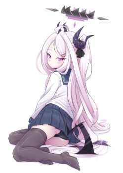 1girl ahoge alternate_costume ass black_halo black_panties black_pantyhose black_ribbon black_sailor_collar black_serafuku black_skirt black_thighhighs blue_archive blush closed_mouth demon_girl demon_horns demon_wings feet hair_ornament hair_over_shoulder hair_ribbon hairclip halo highres hina_(blue_archive) horns loli long_eyelashes long_hair long_sleeves looking_at_viewer looking_back low_wings lying multiple_horns nion-r no_shoes on_ground panties pantyhose parted_bangs pleated_skirt purple_eyes ribbon sailor_collar school_uniform serafuku shirt_tucked_in sidelocks simple_background sitting skirt solo thighhighs thighs underwear very_long_hair white_background white_hair wings zettai_ryouiki