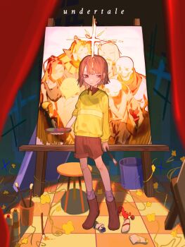 1other alphys anniversary asgore_dreemurr bottle brown_hair brown_shoes brown_shorts bucket chara_(undertale) checkered_floor closed_mouth copyright_name curtains full_body green_sweater highres holding holding_brush holding_paint_palette mei_(tuboishi) paint_palette painting_(object) papyrus_(undertale) sans_(undertale) shoes short_hair shorts single_horizontal_stripe socks solo stool sweater toriel undertale undyne utdr_(toby_fox)