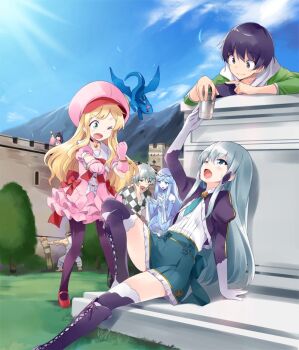 black_hair blonde_hair blue_eyes blue_sky blush cloud cloudy_sky day dress else_shileska elze_silhoueska green_eyes hair_between_eyes hair_ornament hairband half-closed_eyes isekai_wa_smartphone_to_tomo_ni. kokonoe_yae long_hair long_sleeves looking_at_viewer mochizuki_touya multiple_girls open_mouth original short_hair skirt sky smile solo soucie_elnea_ortlinde thighhighs usatsuka_eiji very_long_hair