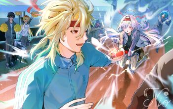 Rule 34 | > <, 2boys, 4girls, arms up, blonde hair, character request, commentary request, grey hair, hairband, headband, highres, holding relay baton, i.r.i.s. (wuthering waves), jacket, long hair, luuk herssen (wuthering waves), lynae (wuthering waves), male rover (wuthering waves), mornye (wuthering waves), multicolored hair, multiple boys, multiple girls, om rm1101, open mouth, outdoors, pom pom (cheerleading), red eyes, red hairband, red headband, relay baton, relay race, revision, rover (wuthering waves), see-through body, signature, smile, streaked hair, track jacket, track suit, wuthering waves