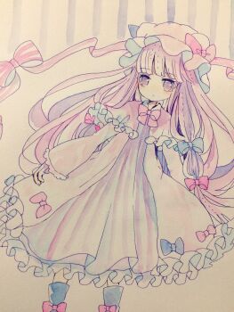 1girl crescent crescent_hair_ornament crescent_hat_ornament crescent_pin dress hair_ornament hat hat_ornament highres hiyuu_(hiyualice) mob_cap patchouli_knowledge purple_eyes purple_hair solo striped_clothes striped_dress touhou vertical-striped_clothes vertical-striped_dress