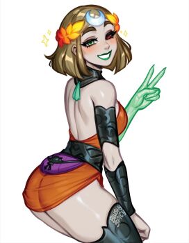 1girl ancient_greek_clothes ass asymmetrical_arms black_sclera blonde_hair blushyspicy bone breasts colored_sclera dress glowing_arm greco-roman_clothes green_eyes green_lips hades_(series) hades_2 heterochromia laurel_crown melinoe_(hades) mismatched_sclera orange_dress red_eyes see-through_body short_hair skeletal_arm smile solo