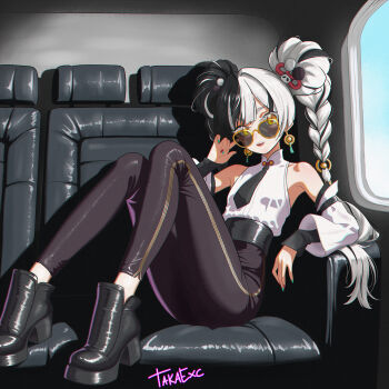 1girl adjusting_eyewear airplane_interior aqua_nails armpits artist_name bare_shoulders black_hair black_necktie braid breasts chair detached_sleeves dialyn_(zenless_zone_zero) full_body high-waist_pants high_heels highres looking_at_viewer multicolored_hair multicolored_nails necktie on_chair open_mouth pants pink_nails sitting sleeves_past_wrists small_breasts solo split-color_hair srtaka streaked_hair sunglasses thighs twin_braids white_hair yellow_eyes zenless_zone_zero