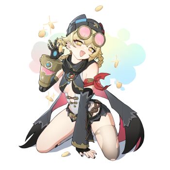 1girl absurdres black_gloves blonde_hair braid breasts coin detached_sleeves elbow_gloves eyewear_on_head fingerless_gloves full_body genshin_impact gloves goggles goggles_on_head hat highres jahoda_(genshin_impact) kneeling laska_(572124034) looking_at_viewer medium_breasts open_mouth round_eyewear scarf shorts single_thighhigh smile solo star-shaped_pupils star_(symbol) symbol-shaped_pupils thighhighs torn_clothes torn_thighhighs white_background yellow_eyes