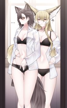 ... 2girls :/ ? absurdres alternate_costume animal_ears arknights backlighting bare_legs bare_shoulders black_bra black_panties blurry blurry_foreground blush bra breasts brown_hair cleavage closed_mouth collarbone collared_shirt commentary dated_commentary day expressionless extra_ears facial_scar feet_out_of_frame fingernails fox_ears fox_girl fox_tail hair_between_eyes hand_on_another&#039;s_waist highres indoors kitsune large_breasts large_ears legs_together light_frown long_hair long_sleeves looking_to_the_side medium_breasts mole mole_above_eye mole_on_forehead multiple_girls multiple_tails navel off_shoulder open_clothes open_shirt orange_eyes orange_hair panties penance_(arknights) samip scar scar_on_cheek scar_on_face shirt sidelocks standing stomach symbol-only_commentary tail tattoo_choker thighs underwear very_long_hair vulpisfoglia_(arknights) white_shirt wolf_girl wolf_tail yellow_eyes yellow_tail