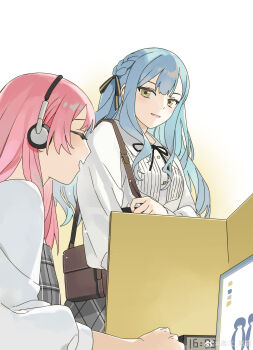 Rule 34 | 2girls, absurdres, bang dream!, bang dream! it's mygo!!!!!, black ribbon, blue hair, brown bag, chihaya anon, chinese commentary, clock, closed eyes, collared shirt, commentary request, cubicle, hair ribbon, headphones, highres, long hair, long sleeves, looking at another, monitor, multiple girls, neck ribbon, open mouth, pink hair, profile, rakuichi, ribbon, shirt, sidelocks, smile, standing, togawa sakiko, two side up, watermark, weibo watermark, white shirt, yellow eyes