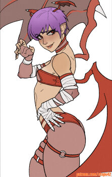 1girl ass bandaged_arm bandaged_hand bandages bare_shoulders blush breasts choker cowboy_shot darkstalkers demon_wings eyelashes fang fang_out from_side hand_on_own_hip hand_up highres leotard lilith_(darkstalkers) lips looking_at_viewer multiple_thigh_straps nose o-ring o-ring_thigh_strap parted_lips patreon_username paw_pose purple_hair red_choker red_eyes red_leotard red_thighhighs red_tube_top red_wings short_hair simple_background skindentation small_breasts smile solo stopu strapless thigh_strap thighhighs tube_top very_short_hair white_background winged_hair_ornament wings