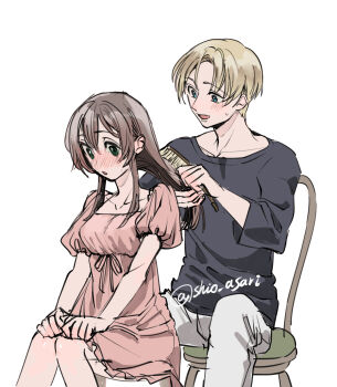 Rule 34 | 1boy, 1girl, blush, brown hair, chair, claude c. kenny, collarbone, commentary request, dress, full-face blush, green eyes, highres, long hair, open mouth, pink dress, precis neumann, shiohi, simple background, sitting, star ocean, star ocean: the second story, twitter username, white background