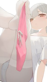 1girl between_toes brown_eyes commentary crotch_seam feet grey_hair highres hiroki_(yyqw7151) long_hair looking_at_viewer original panties panties_under_pantyhose pantyhose pink_shorts shirt short_sleeves shorts simple_background solo underwear white_background white_pantyhose white_shirt
