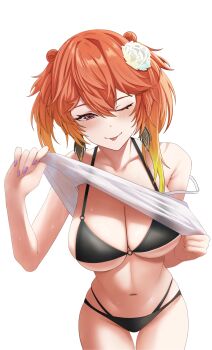 Rule 34 | 1girl, ;p, bikini, bikini under clothes, black bikini, blonde hair, breasts, camisole, camisole lift, cleavage, clothes lift, commentary, double bun, earrings, gradient hair, hair bun, halterneck, highres, hololive, hololive english, jewelry, large breasts, lifting own clothes, looking at viewer, multicolored hair, navel, no pants, o-ring, o-ring bikini, one eye closed, orange hair, purple eyes, purple nails, si farid, simple background, solo, string bikini, swimsuit, takanashi kiara, tongue, tongue out, virtual youtuber, white background, white camisole
