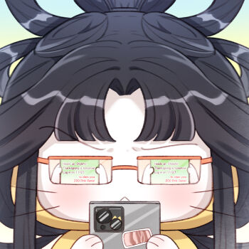 :&lt; animal animal_focus artist_request bespectacled black_hair blunt_bangs bow-shaped_hair cat cellphone cloak closed_mouth clothed_animal commentary english_commentary eye_reflection food frown glasses gradient_background hair_rings highres holding holding_phone hood hood_up hooded_cloak light_blush long_hair meat momo_(nikki) nikki_(series) no_humans official_art orange-tinted_eyewear parted_bangs phone reflection second-party_source shining_nikki simple_background smartphone solo sticker tinted_eyewear topknot upper_body whiskers white_cat wig yellow_background yellow_cloak