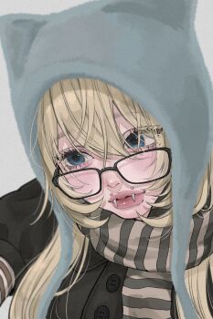 1girl aegyo_sal animal_hat beanie black-framed_eyewear black_jacket blonde_hair blue_eyes blurry buttons cat_hat close-up closed_mouth depth_of_field double-parted_bangs earflap_beanie eyelashes face_piercing film_grain glasses grey_background hair_over_breasts hat highres jacket lip_piercing long_hair looking_to_the_side original piercing puffy_short_sleeves puffy_sleeves scarf short-sleeved_jacket short_sleeves striped_clothes striped_scarf striped_sleeves tamori_(tamori_www) thick_lips