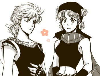 2girls backpack bag battle_tendency blush breasts cosplay crop_top erina_pendleton fingerless_gloves flower gloves jojo_no_kimyou_na_bouken jonathan_joestar jonathan_joestar_(cosplay) joseph_joestar joseph_joestar_(young) joseph_joestar_(young)_(cosplay) kajiyori long_hair medium_breasts multiple_girls phantom_blood scarf smile suzi_q